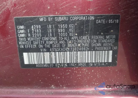 2018 Subaru Impreza 2.0I Premium from USA, damaged, VIN 4S3GKAD6XJ3624062